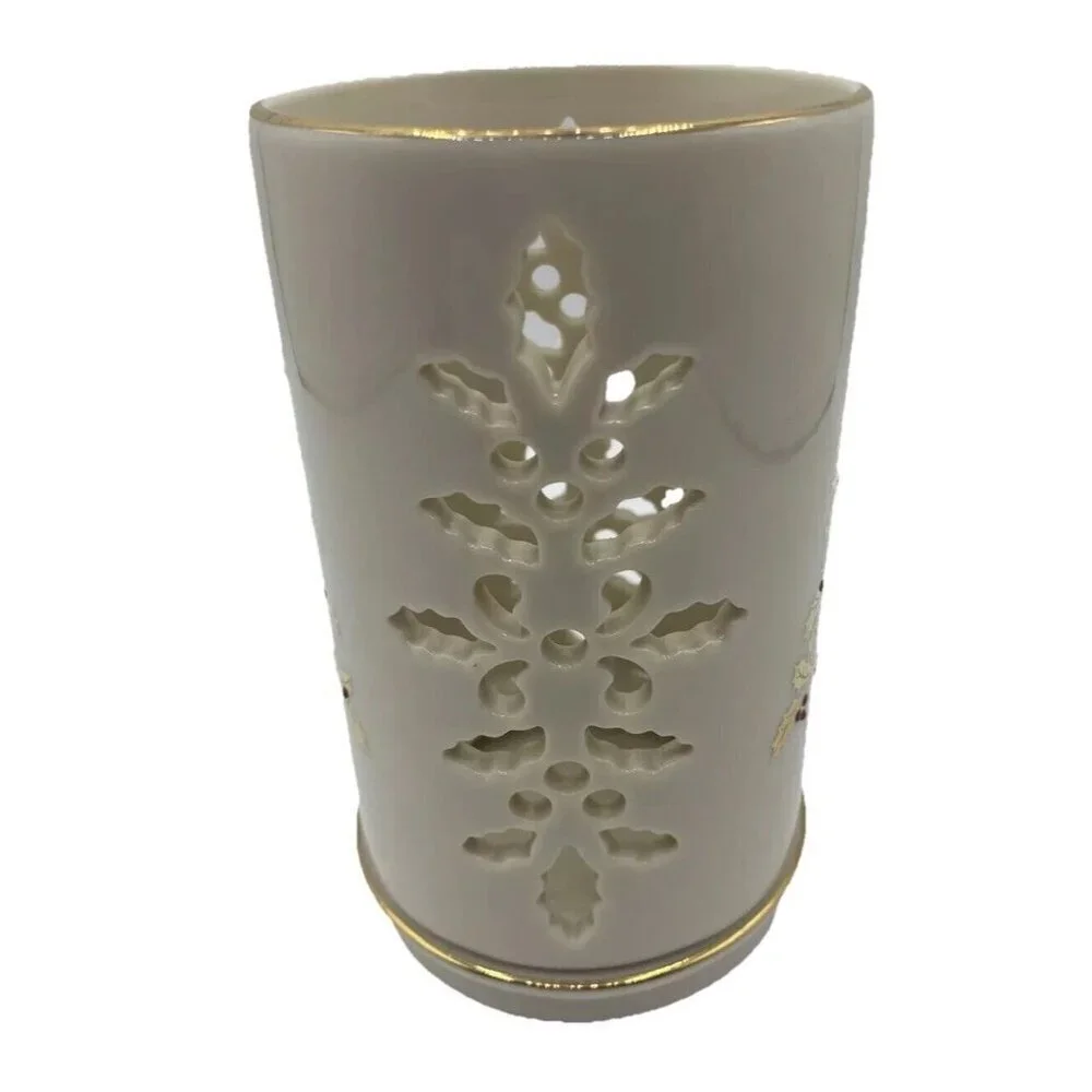 Lenox Candle Holder Eternal Christmas Pierced Porcelain Floral Gold Trim USA